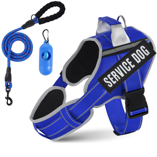 Neck Padded Dog Vest Harness and Leash Set No Pull Adjustable Service Pet Harness with 8 Dog Patches Reflective in Training Easy Control Pet Vest with 5ft Dog Leash for Small Medium & Large Dogs