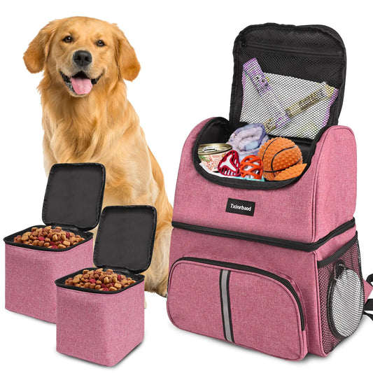 Dog Travel Bag Dog Backpack For Supplies With Food Container Bag for Hiking Overnight Camping Trip Pink